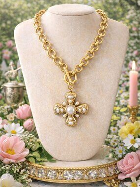 Gold Pearl Cross Necklace, Chunky Gold Chain Statement Necklace, Vintage Inspire
